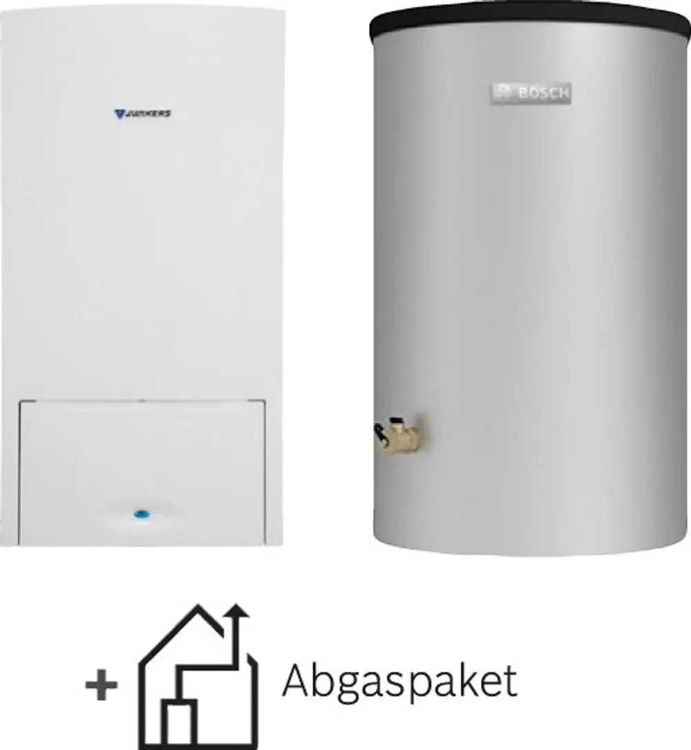 Zwei Heizungsprodukte: links ein weißer Bosch Brennwertkessel, rechts ein silberner Warmwasserspeicher. Darunter ein Symbol für das Abgas-Paket.